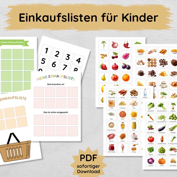 Einkaufsliste für Kinder mit 100+ Lebensmittel Lernkarten zum Ausdrucken, Einkaufen lernen, Einkaufsplaner Vorlage