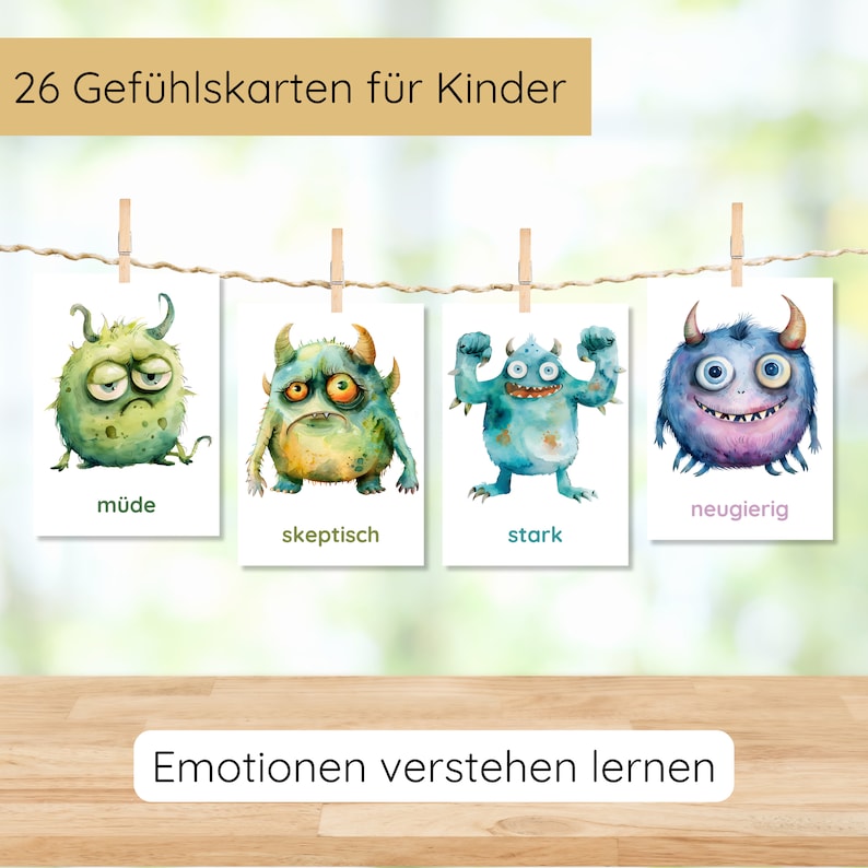 26 monster emotion cards for children to print out, picture cards to learn emotions, monster emotion cards ideal for daycare and preschool image 3