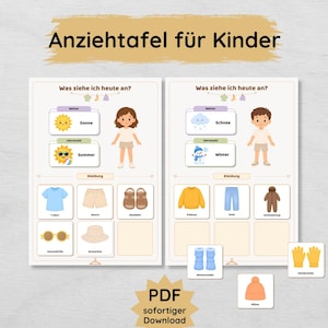May include: Two educational charts titled Anziehtafel für Kinder and Was ziehe ich heute an? featuring illustrations of children, weather icons, and clothing items like shirts, shorts, sandals, sunglasses, hats, sweaters, pants, and winter gear.