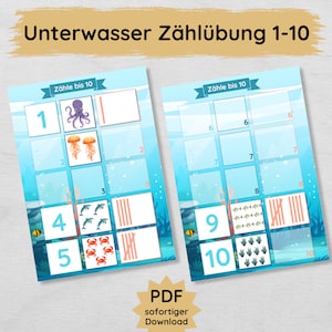 Unterwasser Zählübung für Kinder zum Ausdrucken Zahlen lernen und Zählen üben von 1 bis 10, Legespiel Mengen zuordnen