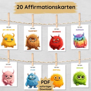 Cartes d'affirmation de monstres à imprimer pour enfants, 20 croyances positives pour plus de confiance en soi et de courage, amour-propre pour les enfants