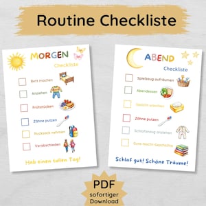 Peut inclure: Une liste de contrôle imprimable pour les enfants à utiliser pour leurs routines du matin et du soir. La liste de contrôle comprend des illustrations d'activités comme se brosser les dents, s'habiller et lire une histoire au coucher. Le texte sur la liste de contrôle dit "Routine Checklist", "Morning Checklist", "Evening Checklist", "Have a great day!" and "Sleep well! Sweet dreams!"