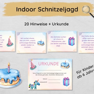 Indoor scavenger hunt for a child's birthday with 20 simple clues & certificate, treasure hunt for children aged 6 and over