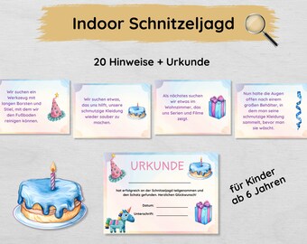 Indoor scavenger hunt for a child's birthday with 20 simple clues & certificate, treasure hunt for children aged 6 and over