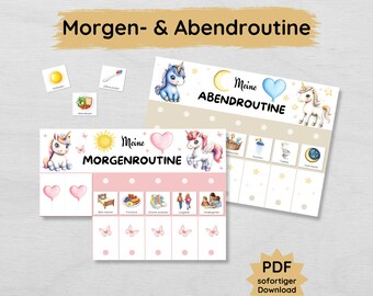 May include: A printable chart for children to use as a visual aid for their morning and evening routines. The chart features a unicorn and the text "Meine Morgenroutine" and "Meine Abendroutine".