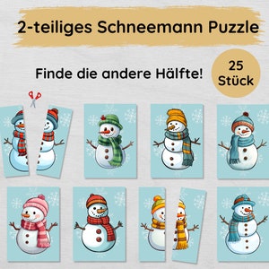 Könnte beinhalten: Ein Set mit 25 zweitteiligen Schneemann-Puzzleteilen. Jedes Puzzleteil ist eine Hälfte eines Schneemanns mit verschiedenen farbigen Hüten und Schals. Der Text auf dem Bild lautet "2-teiliges Schneemann Puzzle" und "Finde die andere Hälfte!"