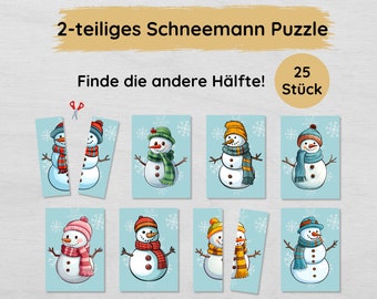 2-bitars snögubbepussel för barn att skriva ut, matcha halvorna, vinteraktivitetsspel