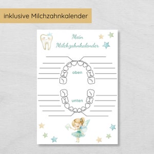 Puede incluir: Un gr&aacute;fico imprimible para hacer un seguimiento de la p&eacute;rdida de los dientes de leche de un ni&ntilde;o. El gr&aacute;fico presenta un contorno de dientes con espacios para cada diente, etiquetados "oben" (arriba) y "unten" (abajo) en alem&aacute;n. El gr&aacute;fico tambi&eacute;n incluye una ilustraci&oacute;n del hada de los dientes con un fondo en forma de estrella.