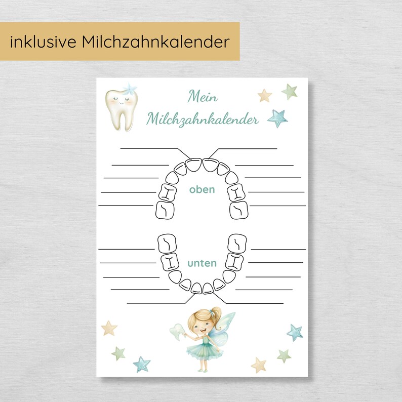 Puede incluir: Un gr&aacute;fico imprimible para hacer un seguimiento de la p&eacute;rdida de los dientes de leche de un ni&ntilde;o. El gr&aacute;fico presenta un contorno de dientes con espacios para cada diente, etiquetados "oben" (arriba) y "unten" (abajo) en alem&aacute;n. El gr&aacute;fico tambi&eacute;n incluye una ilustraci&oacute;n del hada de los dientes con un fondo en forma de estrella.
