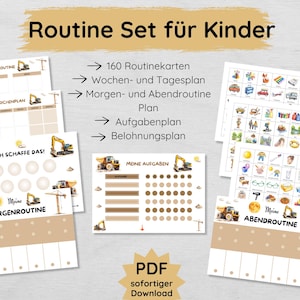 Baustelle Routine Set für Kinder mit 160 Routinekarten, Morgen- und Abendroutine Plan, Wochenplan, Belohnungsplan & mehr