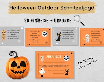 May include: A printable Halloween scavenger hunt for kids ages 6 and up. The orange and black printable includes 20 clues and a certificate for completing the hunt. The image shows a pumpkin, a bat, a ghost, a werewolf, and a mummy.