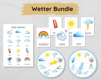 Weather learning cards + weather wheel + weather poster, learning weather bundle for children to print out