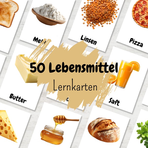 50 Lebensmittel Lernkarten für den Einkauf, Einkaufskarten für Kinder zum Ausdrucken