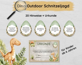 Outdoor Dino scavenger hunt for the garden with 20 clues and certificate for children aged 6 and over to print out