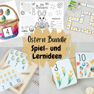 Easter bundle 5 game and learning ideas for children: Easter placemat, clip cards, flash cards, domino game and Easter egg counting game
