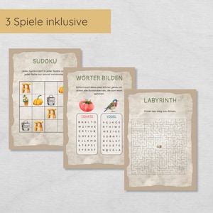 May include: A set of three games: Sudoku, a word search, and a maze. The Sudoku grid features illustrations of a stool, a pumpkin, and a bucket. The word search has a tomato and bird theme. The maze is a classic labyrinth.