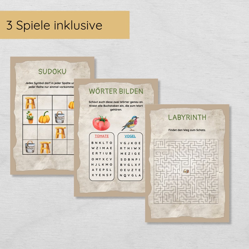 May include: A set of three games: Sudoku, a word search, and a maze. The Sudoku grid features illustrations of a stool, a pumpkin, and a bucket. The word search has a tomato and bird theme. The maze is a classic labyrinth.