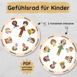 May include: A colorful wheel with illustrations of children's faces and German words describing emotions. The wheel is divided into 12 sections, each with a different emotion. The words on the wheel include "fröhlich", "müde", "erstaunt", "ängstlich", "dankbar", "krank", "frustriert", "verträumt", "stark", "wütend", "glücklich", "überfordert", "traurig", "stolz", "gelangweilt", and "albern".