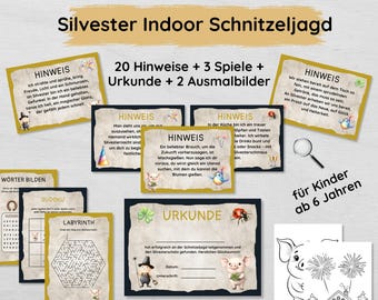 New Year's Eve Indoor Scavenger Hunt Set for Children with 20 Clues, Certificate, Games & Coloring Pages, Treasure Hunt for Ages 6 and Up to Print