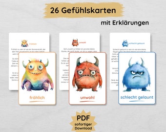 Monster emotion cards for children with appropriate explanation to print out, learn emotions in daycare & preschool