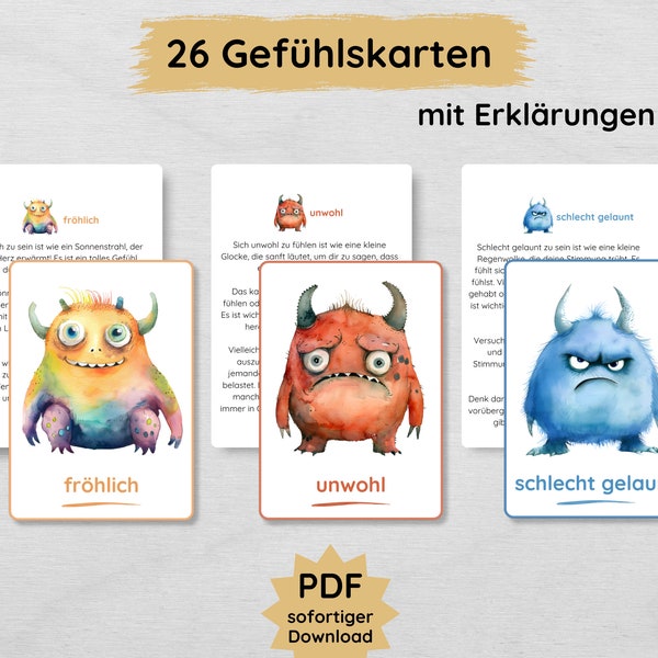 Monster Gefühlskarten für Kinder mit passender Erklärung zum Ausdrucken, Gefühlsmonster zum Emotionen lernen für Kita & Vorschule