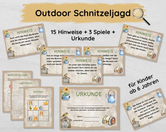 Outdoor Schnitzeljagd für Kinder mit 15 Hinweisen, Urkunde & Spielen, Schatzsuche für den Garten ab 6 Jahren zum Ausdrucken