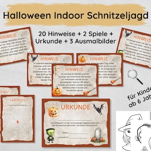 以下が含まれることがあります： 6歳以上の子供向けのハロウィン室内宝探しゲーム。ゲームには、20個のヒント、2つのゲーム、証明書、3つの塗り絵が含まれています。ヒントは、オレンジと茶色のカードに印刷されており、ハロウィーンをテーマにしたイラストが描かれています。ゲームは、数独と迷路です。証明書は、ハロウィーンをテーマにした枠のある茶色のカードで、署名と日付のスペースがあります。