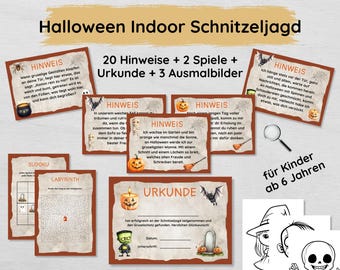 May include: A Halloween-themed indoor scavenger hunt for children ages 6 and up. The game includes 20 clues, 2 games, a certificate, and 3 coloring pages. The clues are printed on orange and brown cards with Halloween-themed illustrations. The games are Sudoku and a maze. The certificate is a brown card with a Halloween-themed border and a space for a signature and date.