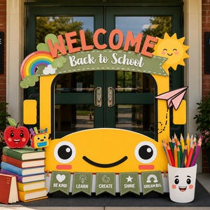 Puede incluir: Un marco de fotos con forma de autobús escolar amarillo con el texto "WELCOME Back to School" y cinco pancartas con las palabras "BE KIND", "LEARN", "CREATE", "SHINE" y "DREAM BIG". Incluye ilustraciones de un arcoíris, sol, manzana, libros y lápices.