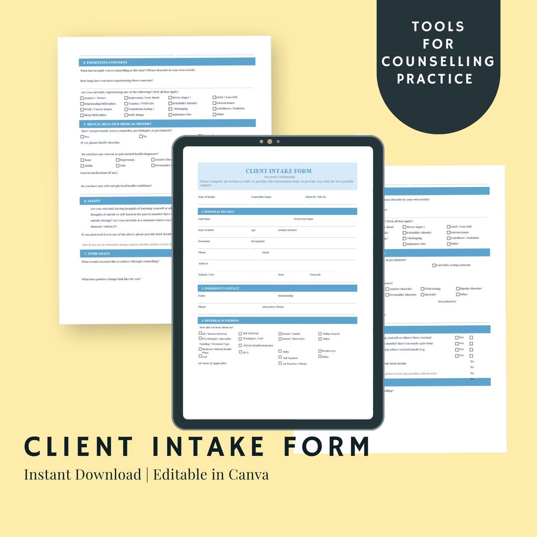 Client Intake Form Template for Counsellors Therapists Family ...