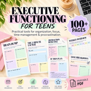 Könnte beinhalten: Ein digitaler Planer mit dem Titel Executive Functioning for Teens mit über 100 Seiten. Er enthält Vorlagen für Brain Dump, 5-Minute Launch, Distraction Detective, If Then Plan, Weekly Overview und Goal Breakdown mit pastellfarbenen Blöcken und Text.