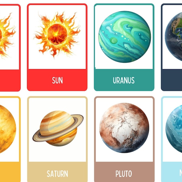 40 tarjetas didácticas imprimibles de planetas fuera de este mundo para niños, + páginas para colorear gratis, diversión con el sistema solar, conjunto de aprendizaje educativo