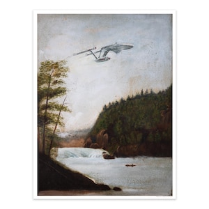 May include: A painting depicting a river with a waterfall and a forest in the background. A spaceship flies over the river in the sky.