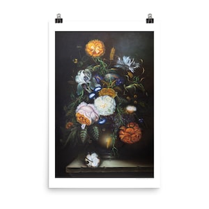 May include: A still life painting of a vase filled with a variety of flowers, including white roses, yellow and orange flowers, and blue flowers. The vase is on a stone pedestal against a dark background.