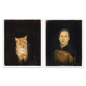 May include: A set of two framed paintings. The left painting features a close-up of a ginger cat with green eyes. The right painting features a portrait of a man in a gold uniform with a black background.