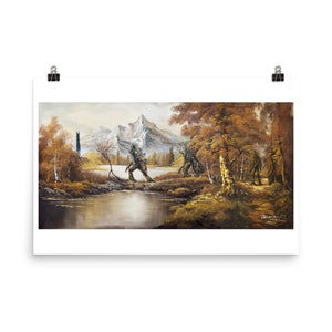 May include: A painting of a forest scene with a lake, mountains, and trees. There are four figures in the painting that appear to be tree people. The painting is done in a style reminiscent of a naive or folk art painting.