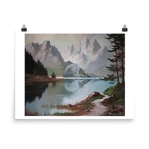 May include: A painting of a mountain lake with a large, silver spaceship crashed into the water. The spaceship is partially submerged and its reflection is visible in the water. The mountains in the background are snow-capped and the sky is a light blue.
