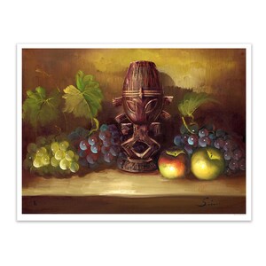 May include: A still life painting depicting a wooden carved mask, grapes, and apples. The mask is brown and features a face with two eyes and a mouth. The grapes are green and purple, and the apples are red and green. The painting is set against a brown background.