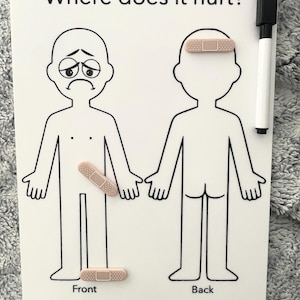 May include: A white dry-erase board with a black marker and two outlines of people. The text "Where does it hurt?" is at the top of the board. The outlines of the people have different colored bandages on them. The text "Front" and "Back" are at the bottom of the board.