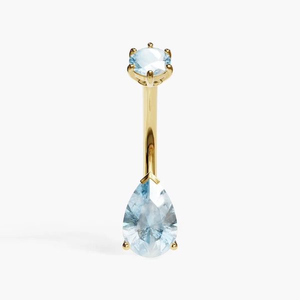 Jolie Co 14k Yellow Gold - Genuine Sky Blue Topaz Teardrop Belly Button Ring, Custom Fitted to Your Piercing 5mm to 14mm, (Optional) Dangle