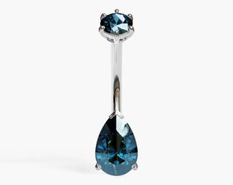 Jolie Co 14k, 18k Solid White Gold & Platinum - Genuine London Blue Topaz Teardrop Belly Ring, Custom Fitted to Your Piercing 5mm to 14mm