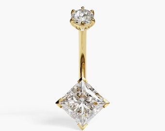 Jolie Co 14k Solid Yellow Gold - 2ct. Princess Moissanite Belly Button Ring, Custom Fitted to Your Piercing 5mm to 14mm, (Optional) Dangle