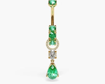 Anillo de ombligo con forma de cisne: Esmeralda, oro amarillo y rosa macizo de 14 k y 18 k. Se adapta a tu perforación de 5 mm a 14 mm.