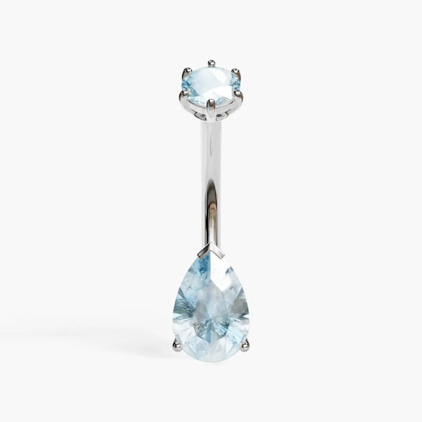 Jolie Co 14k White Gold - Genuine Sky Blue Topaz Teardrop Belly Button Ring, Custom Fitted to Your Piercing 5mm to 14mm, (Optional) Dangle