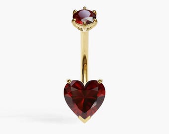 Jolie Co 14k, 18k Solid Gelb & Rose Gold - Echter Granat Herz Bauch Ring, Passend für Ihr Piercing 5 mm bis 14 mm, Optional Dangle