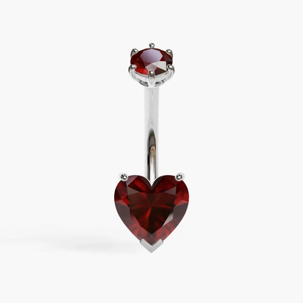 Jolie Co 14k Solid Yellow Gold - Genuine Garnet Heart Belly Button Ring, Custom Fitted to Your Piercing 5mm to 14mm, (Optional) Dangle