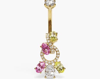 Jolie Co 14k, 18k Solid Yellow & Rose Gold - Toi et Moi Pink Yellow Moissanite Dome Navel Ring, Custom Fitted to Your Piercing 5mm to 14mm
