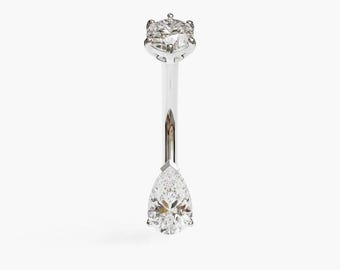 Jolie Co 14k、18k ソリッド ホワイト ゴールド & プラチナ - 0.7 カラット モアッサナイト ティアドロップ へそリング、ピアスに合わせてカスタムフィット 5 mm ～ 14 mm