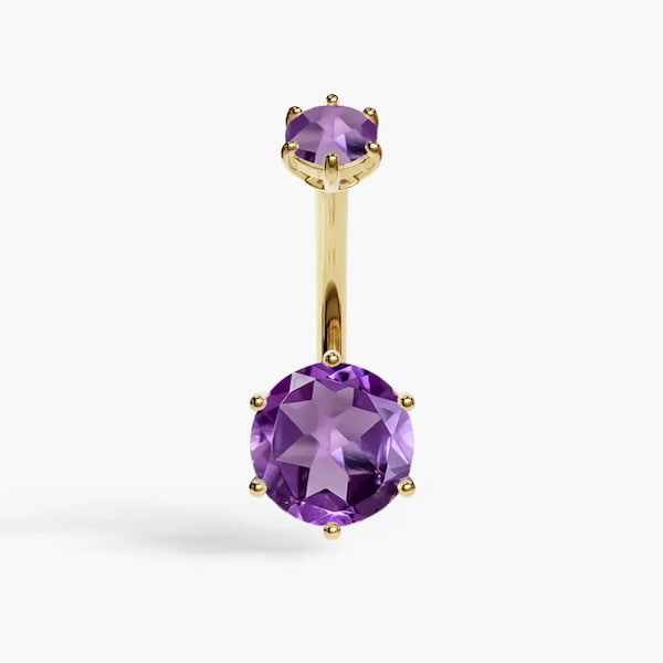 Jolie Co 14k Solid Yellow Gold - Genuine Amethyst Orb Belly Button Ring, Custom Fitted to Your Piercing 5mm to 14mm, (Optional) Dangle