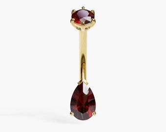 Jolie Co 14k, 18k Solid Gelb & Rose Gold - Echter Granat 8 mm Tear Bauch Ring, angepasst an Ihr Piercing 5 mm bis 14 mm, optional baumeln